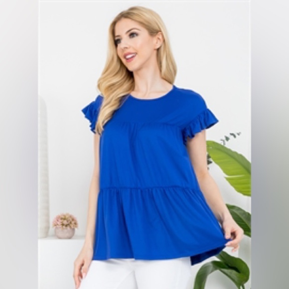 2Hearts Boutique Tiered Ruffle Sleeve Blue Top with Open Back - L